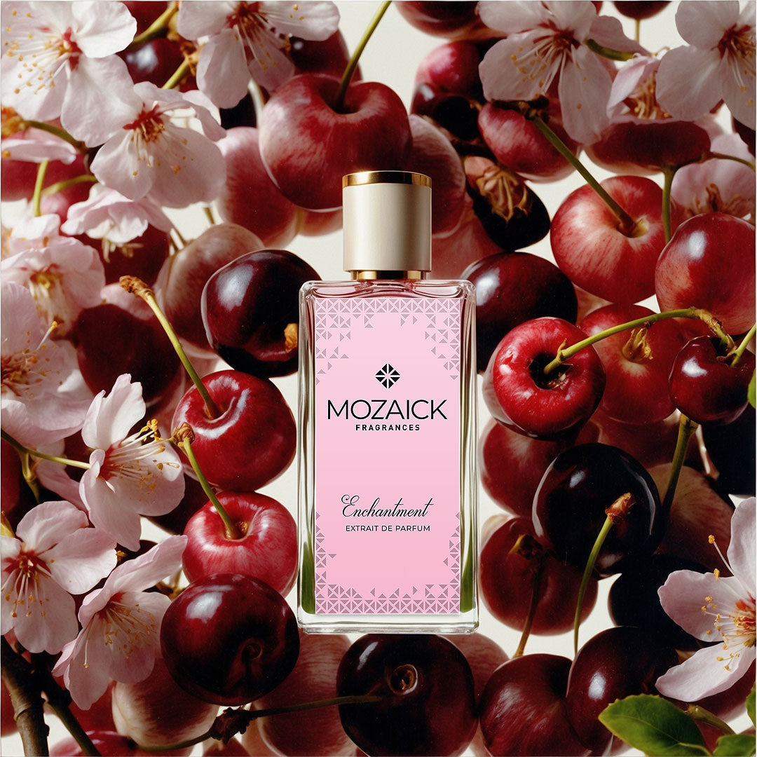 ENCHANTMENT Extrait de Parfum 50 ml by MOZAICK – bottle among cherries and cherry blossoms